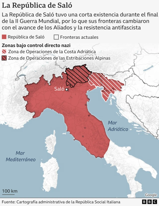 Mapa que muestra el territorio que reivindicaba la República de Saló. 